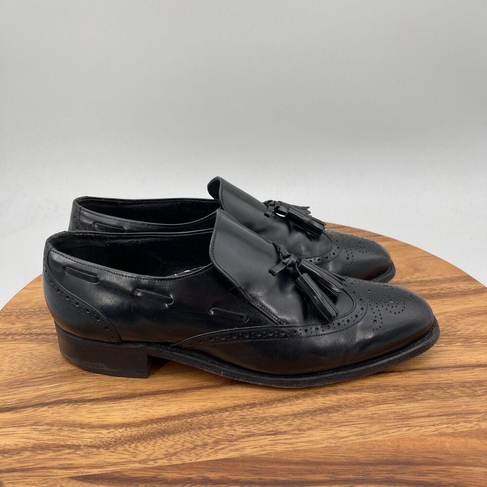 French Shriner Sterling Loafers Mens 9 D Black Leather Slip On Wingtip Tassel